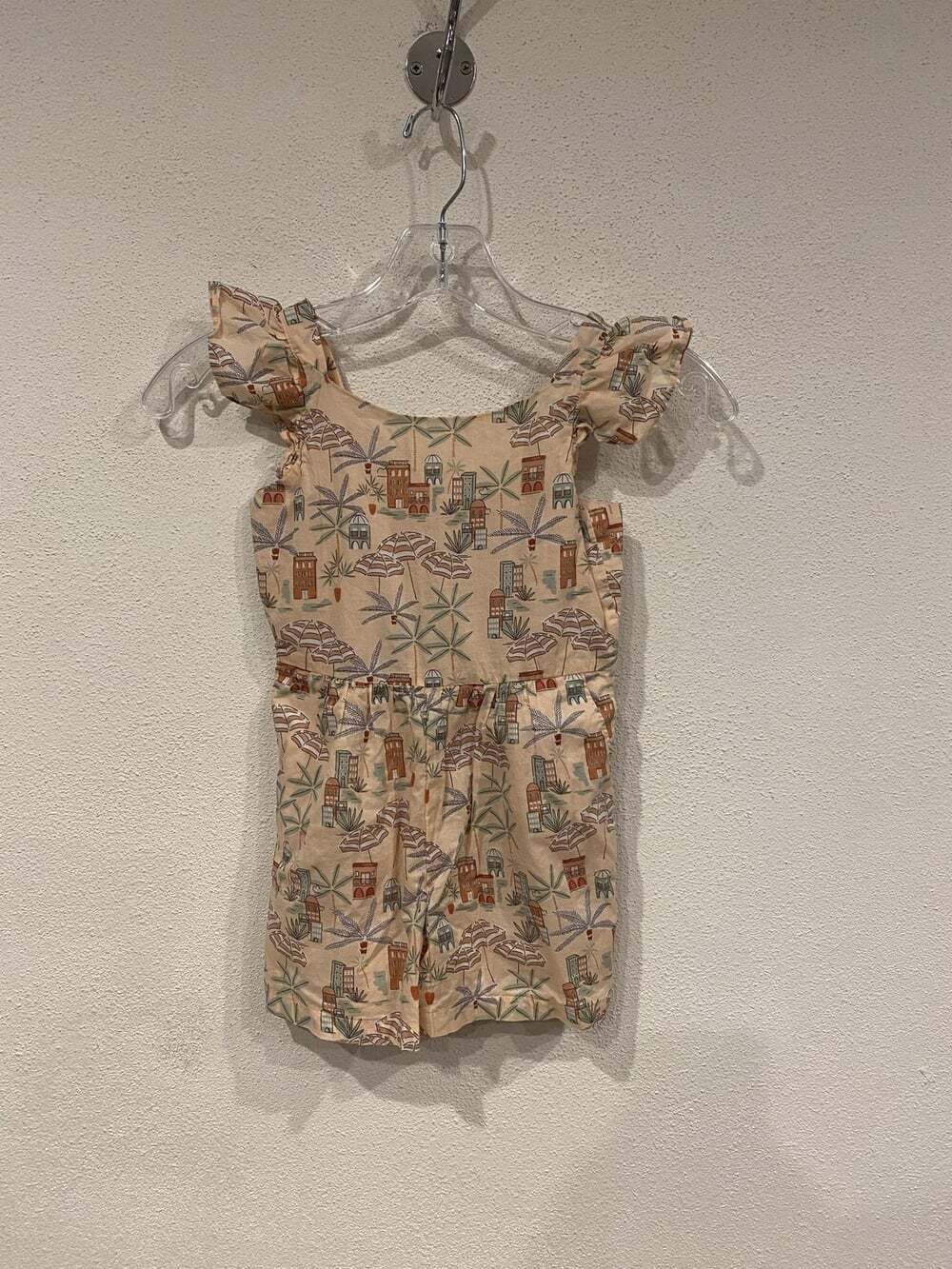 Janie And Jack Romper Girls 5 Beige Palm Tree City Print Ruffle Tie Back Summer